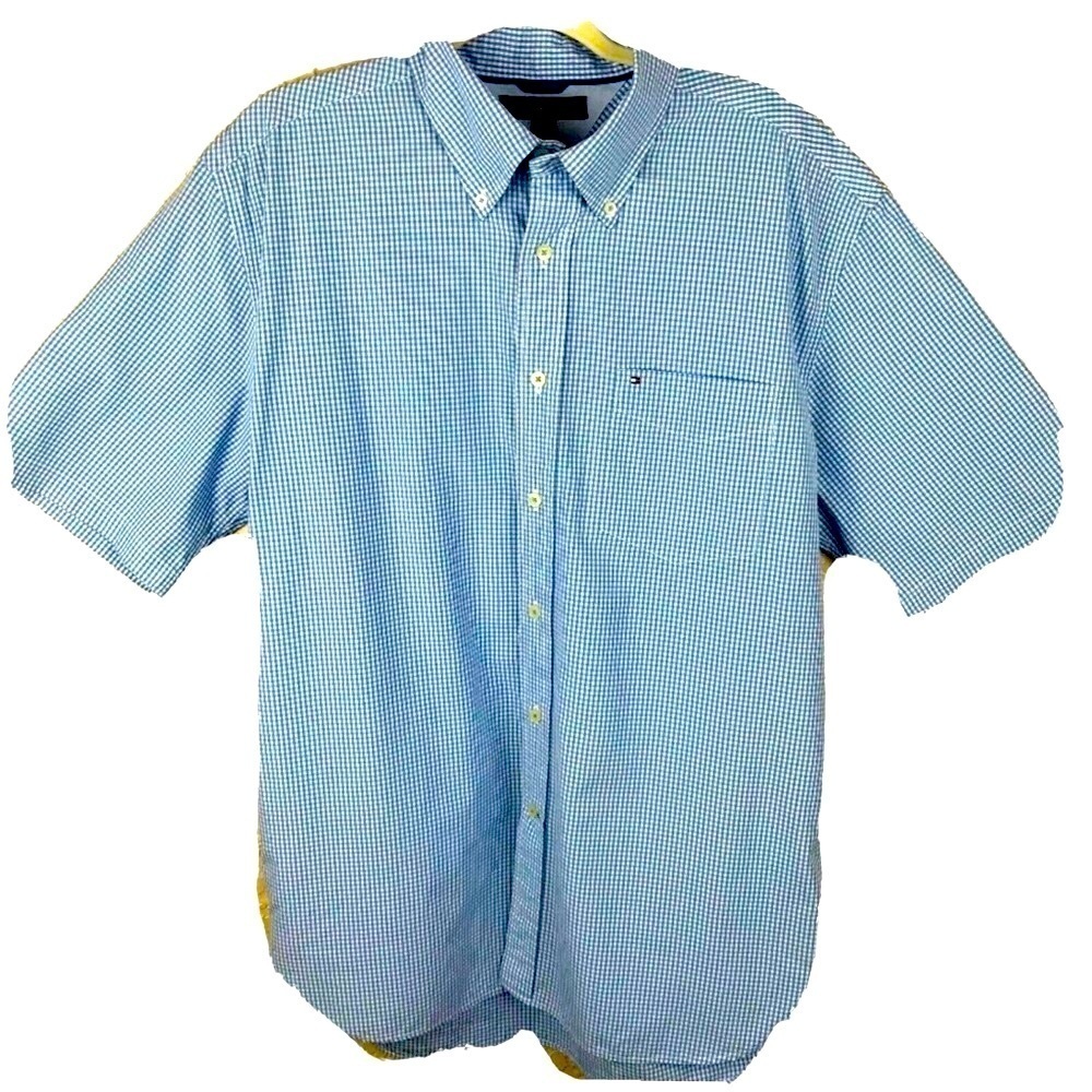Tommy Hilfiger Mens Blue & White Check Shirt Sz L Short Sleeve